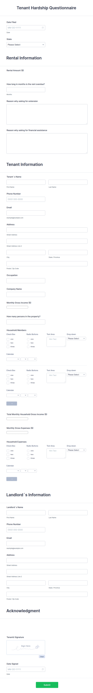 Tenant Hardship Questionnaire Form Template