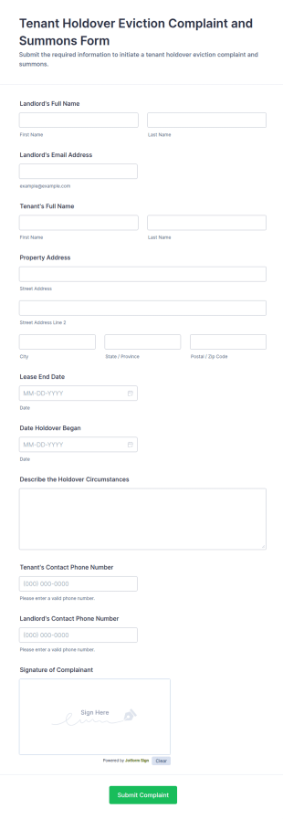 Tenant Holdover Eviction Complaint And Summons Form Template