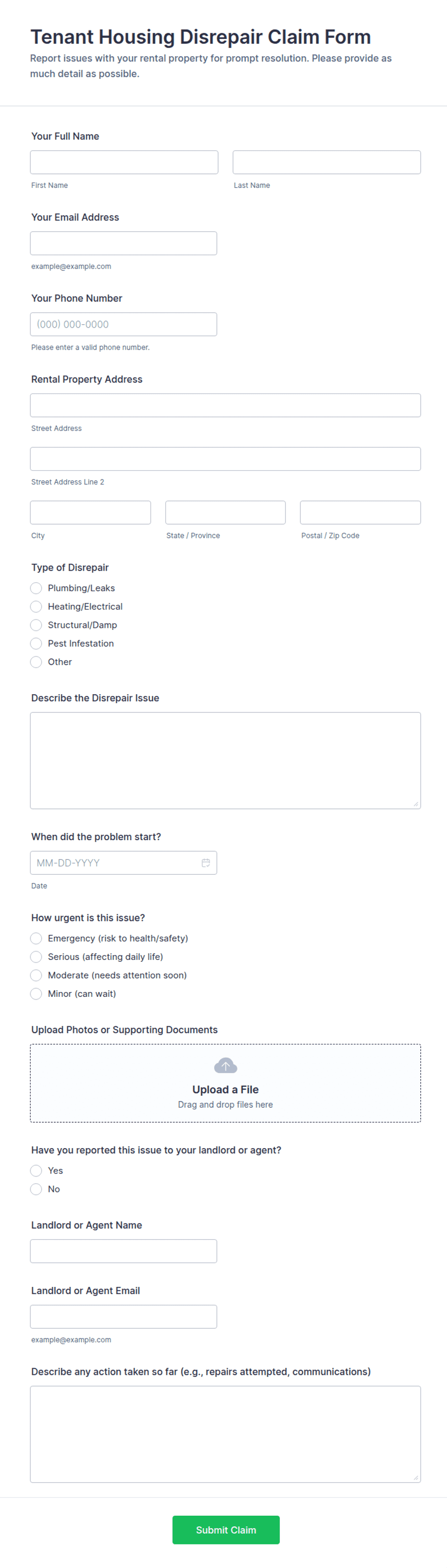 Tenant Housing Disrepair Claim Form Template | Jotform