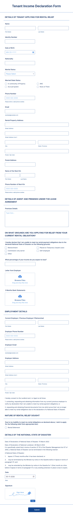 Tenant Income Declaration Form Template