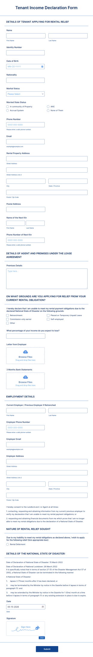 Tenant Income Declaration Form Template