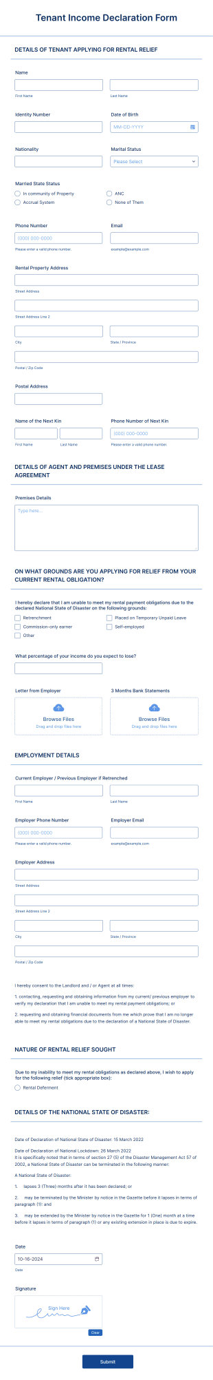 Tenant Income Declaration Form Template