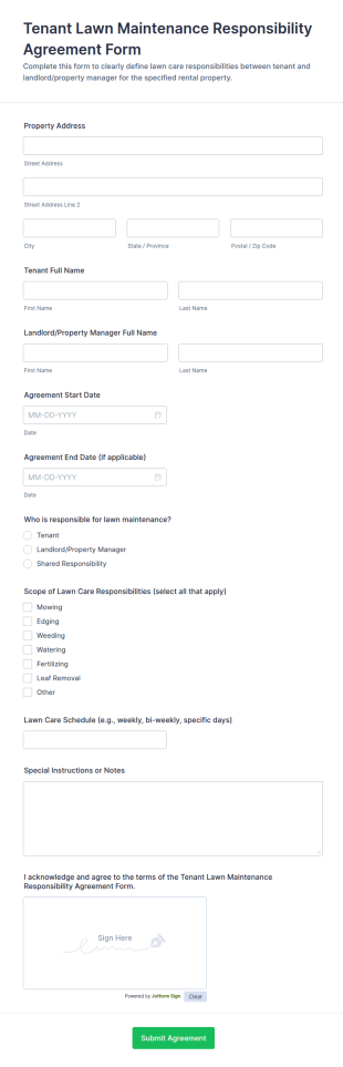 Tenant Lawn Maintenance Responsibility Agreement Form Template