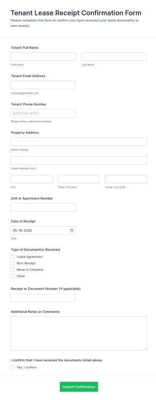 Tenant Lease Receipt Confirmation Form Template
