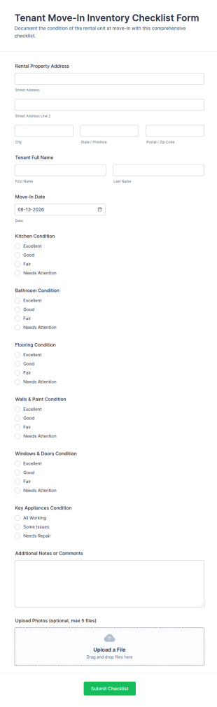 Tenant Move In Inventory Checklist Form Template