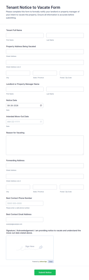 Tenant Notice To Vacate Form Template
