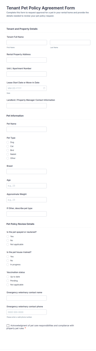 Tenant Pet Policy Agreement Form Template
