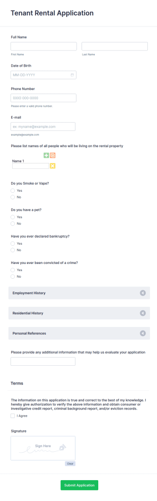 Tenant Rental Application Form Template