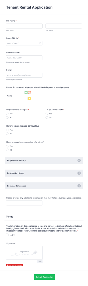 Tenant Rental Application Form Template