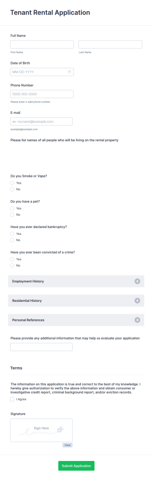 Tenant Rental Application Form Template