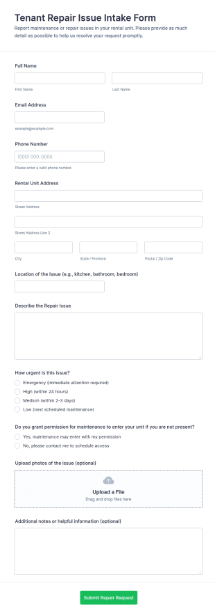 Tenant Repair Issue Intake Form Template
