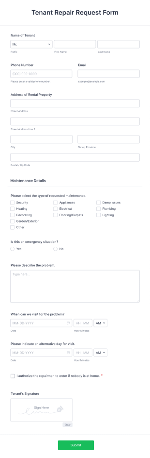 Tenant Repair Request Form Template