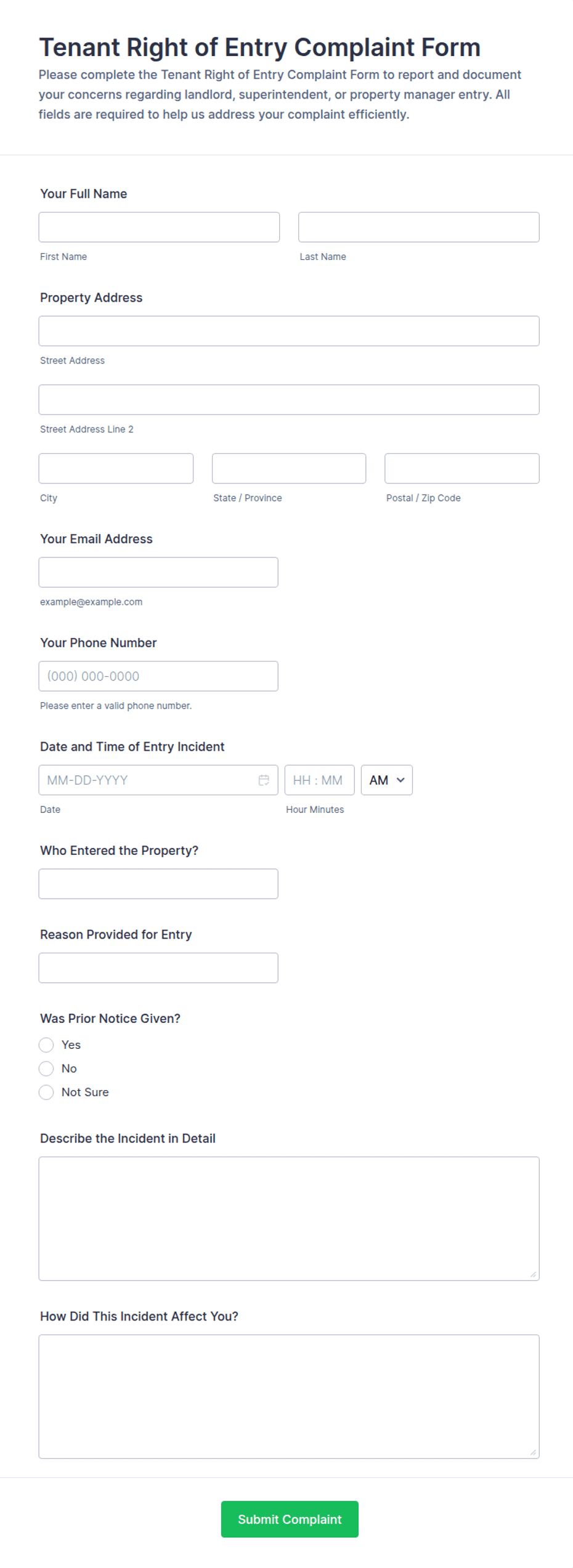 Tenant Right of Entry Complaint Form Template | Jotform