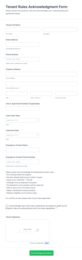 Tenant Rules Acknowledgment Form Template