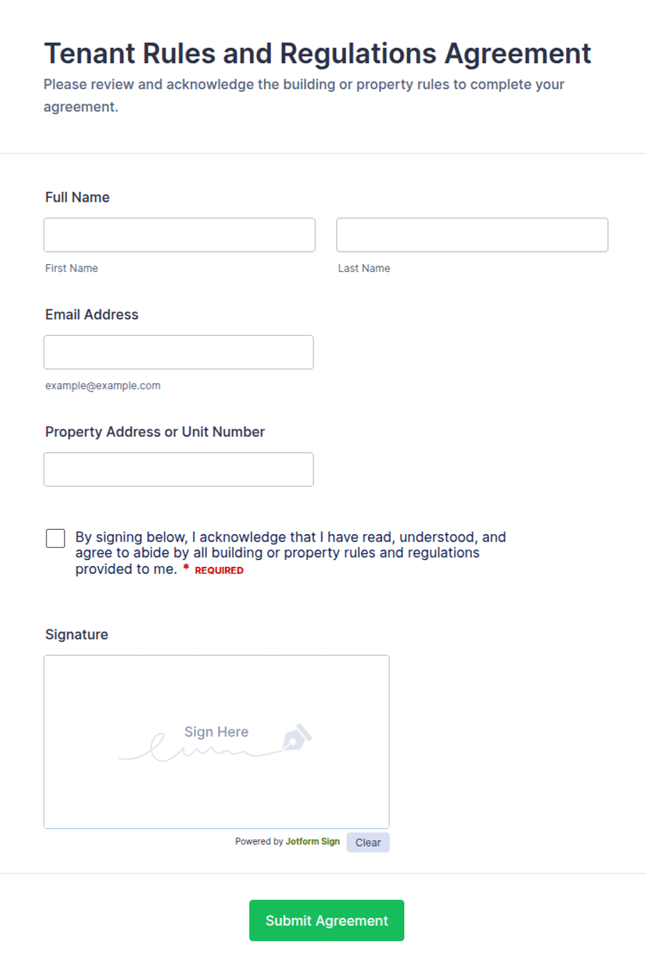 Tenant Rules and Regulations Agreement Form Template | Jotform