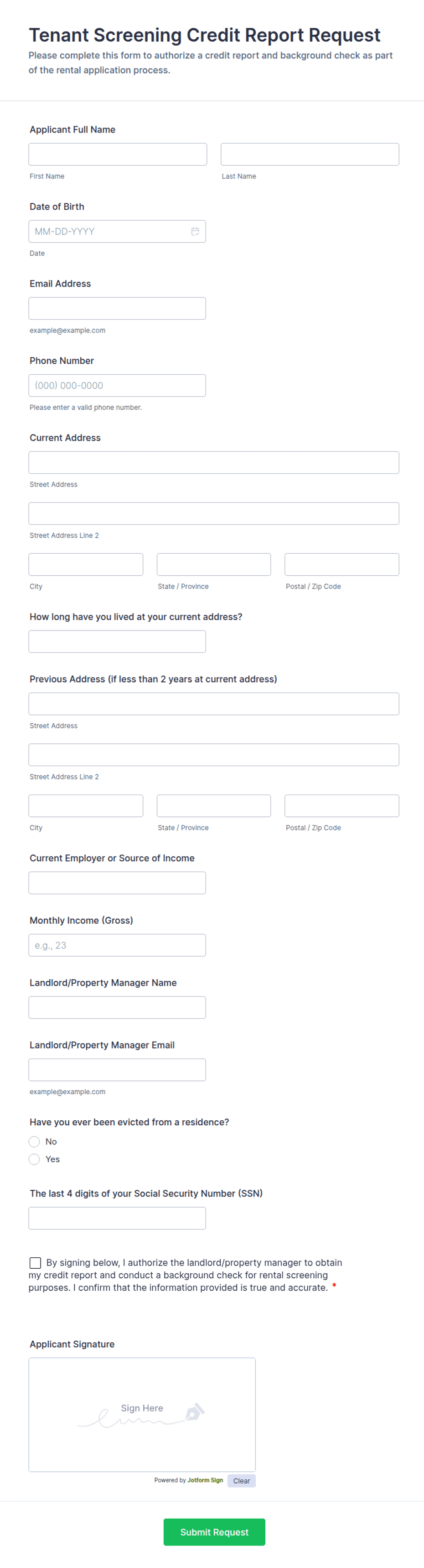 Tenant Screening Credit Report Request Form Template | Jotform