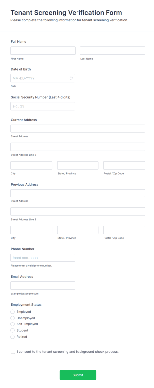 Tenant Screening Verification Form Form Template