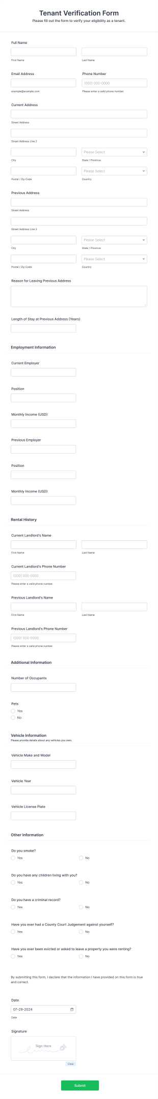 Tenant Verification Form Template