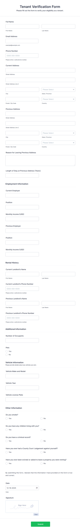 Tenant Verification Form Template