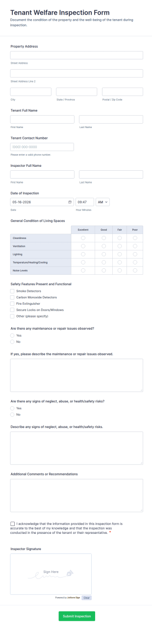 Tenant Welfare Inspection Form Template