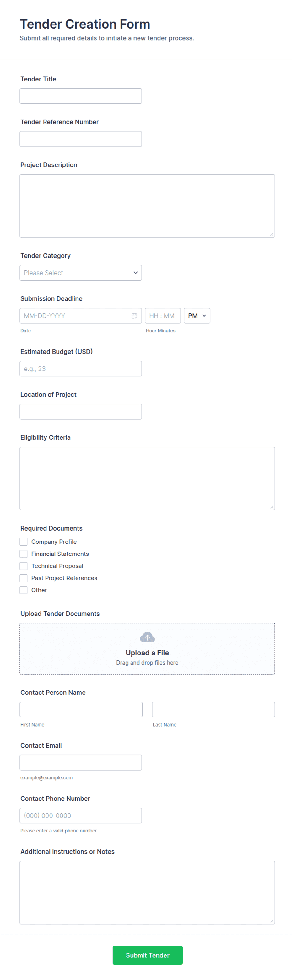 Tender Creation Form Template | Jotform