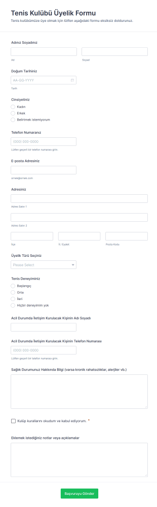 Tenis Kulübü Üyelik Form Şablonu