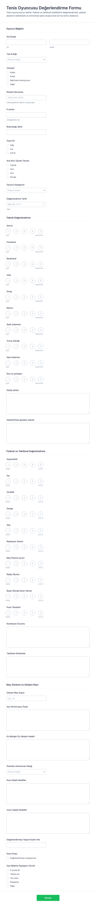 Tenis Oyuncusu Değerlendirme Anketi Form Şablonu