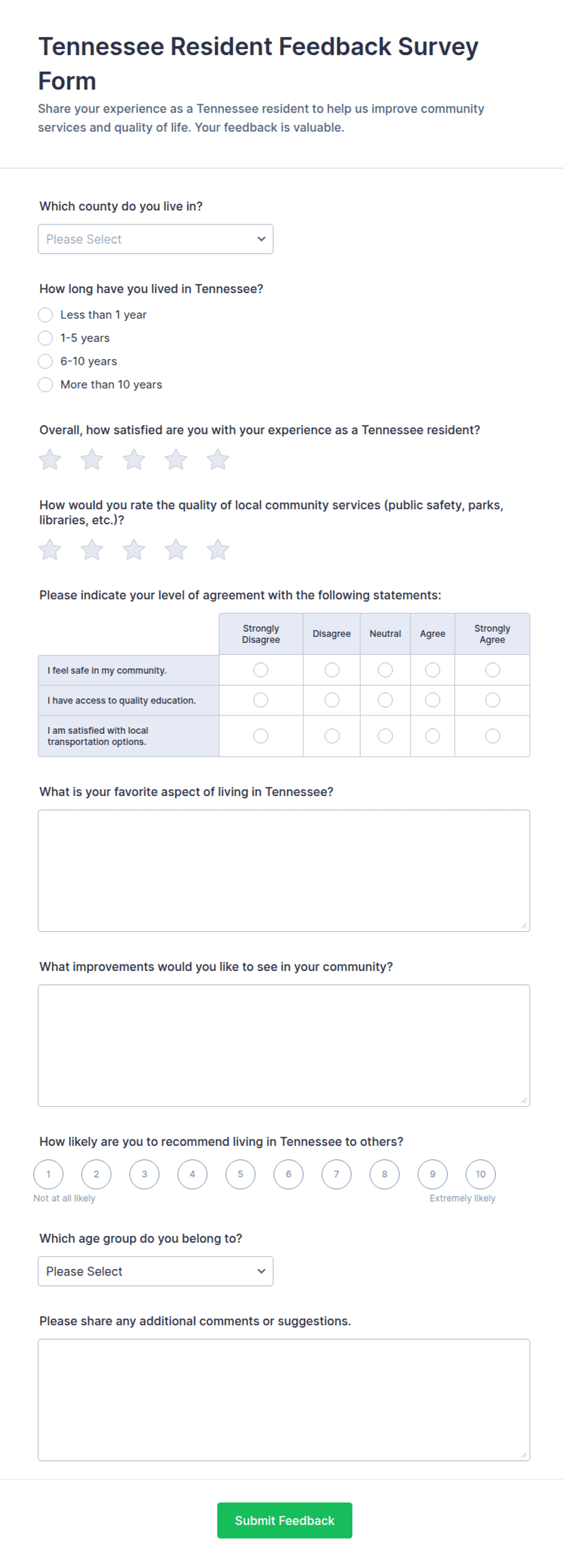 Tennessee Resident Feedback Survey Form Template | Jotform