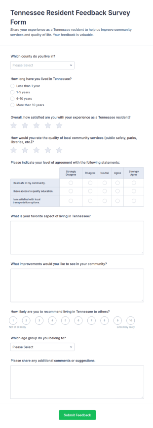 Tennessee Resident Feedback Survey Form Template