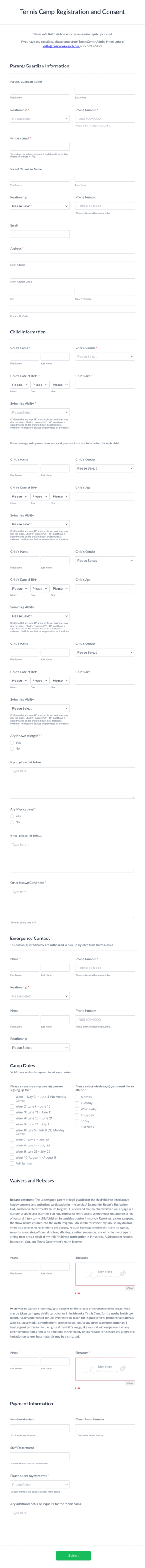 Tennis Camp Registration And Consent Form Template
