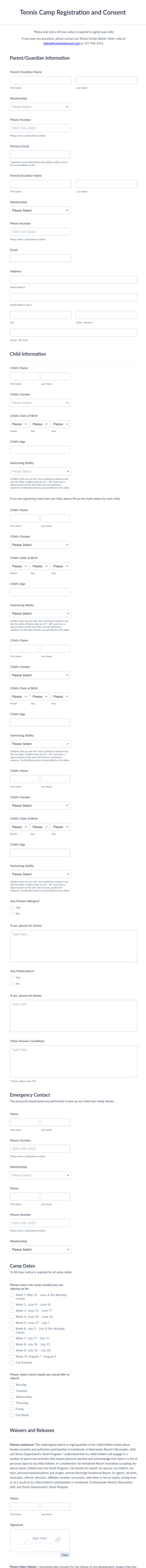 Tennis Camp Registration And Consent Form Template