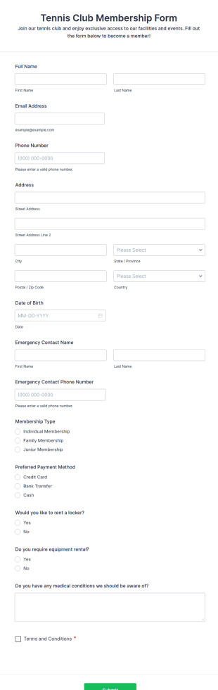 Tennis Club Membership Form Template