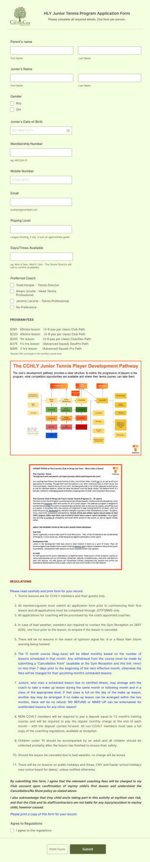 Tennis Course Application Form Template