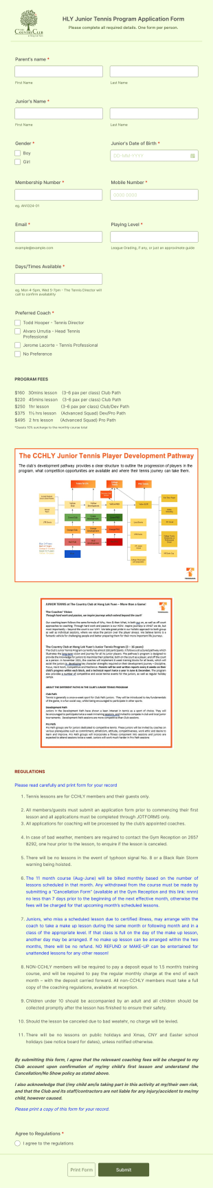 Tennis Course Application Form Template