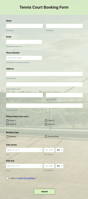 Tennis Court Booking Form Template