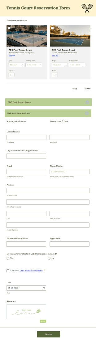 Tennis Court Reservation Form Template