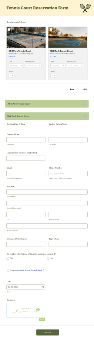 Tennis Court Reservation Form Template