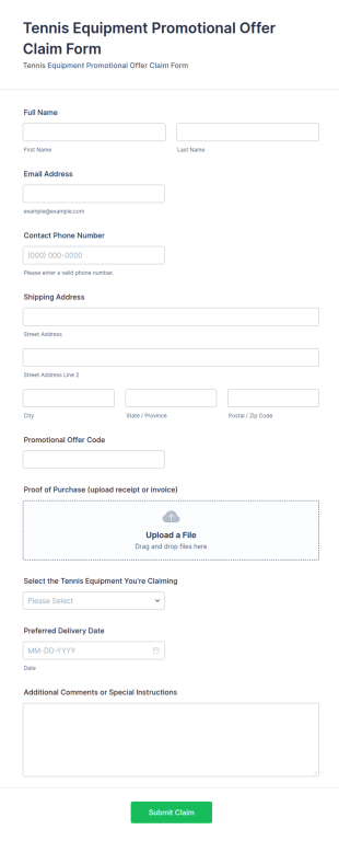 Tennis Equipment Promotional Offer Claim Form Template