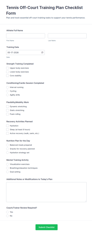 Tennis Off Court Training Plan Checklist Form Template