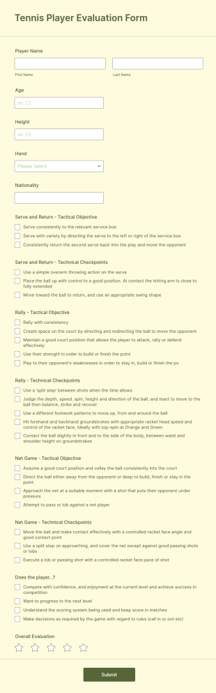 Tennis Player Evaluation Form Template