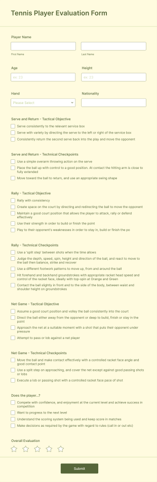 Tennis Player Evaluation Form Template