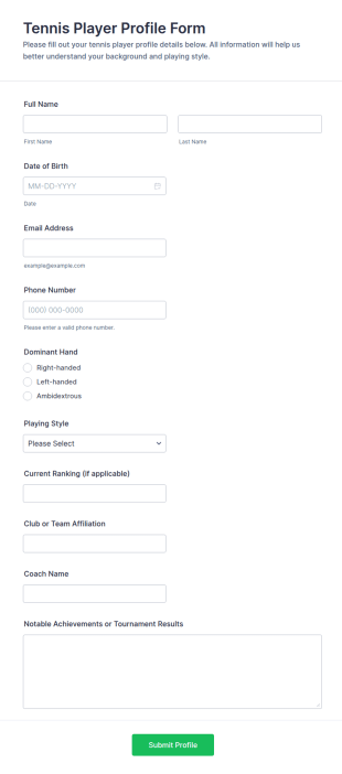 Tennis Player Profile Form Template