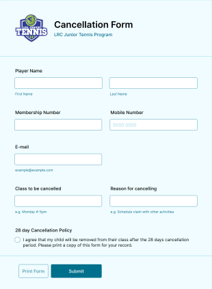 Tennis Program Cancellation Form Template