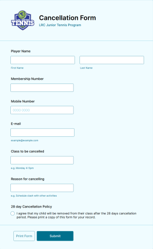 Tennis Program Cancellation Form Template