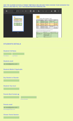 Tennis Session Registration Form Template
