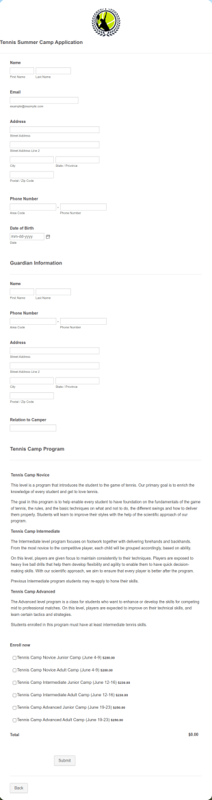 Tennis Summer Camp Application Form Template