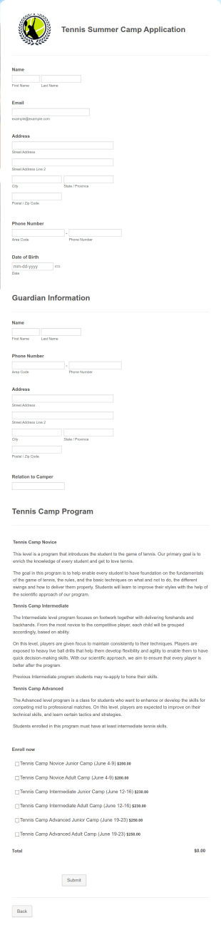 Tennis Summer Camp Application Form Template