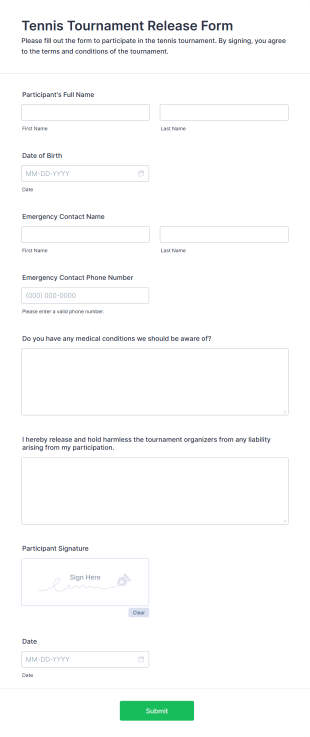 Tennis Tournament Release Form Template