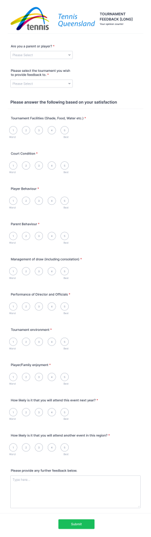 Tennis Tournament Survey Form Template