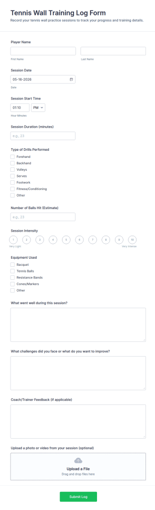 Tennis Wall Training Log Form Template
